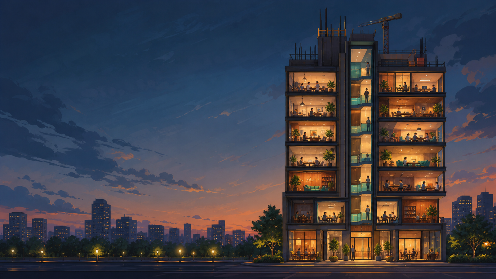 A warm mixed-use tower cutaway at dusk in temporary development key art